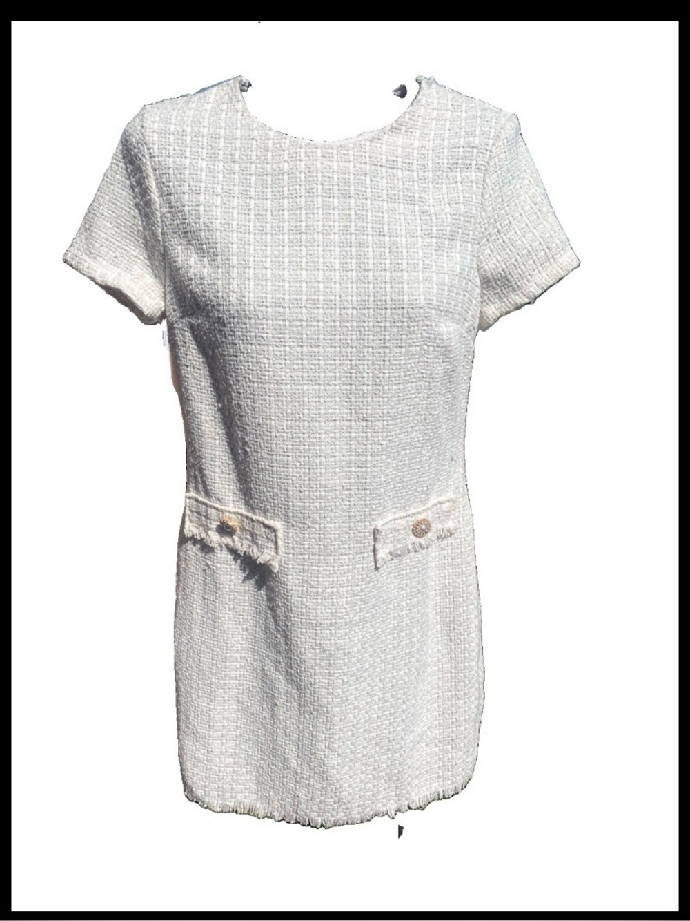 BeBop White Tweed Mini Shift Dress M Pearl Buttons Fringe Boucle Jackie O Preppy